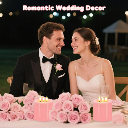 Large 3 Wick Flameless Candles Set of 2, 4"x4" Flickering Flameless Candles with Remote & Timer, Dimmable Real Wax LED Candles Battery Operated, Pink Pillar Candles for Wedding Valentine's Day Decor