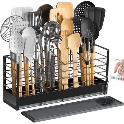 VEESUN Large Utensil Holder with Diatomaceous Earth Base, for Kitchen Counter, Cooking Utensil Organizer, 4 Compartments