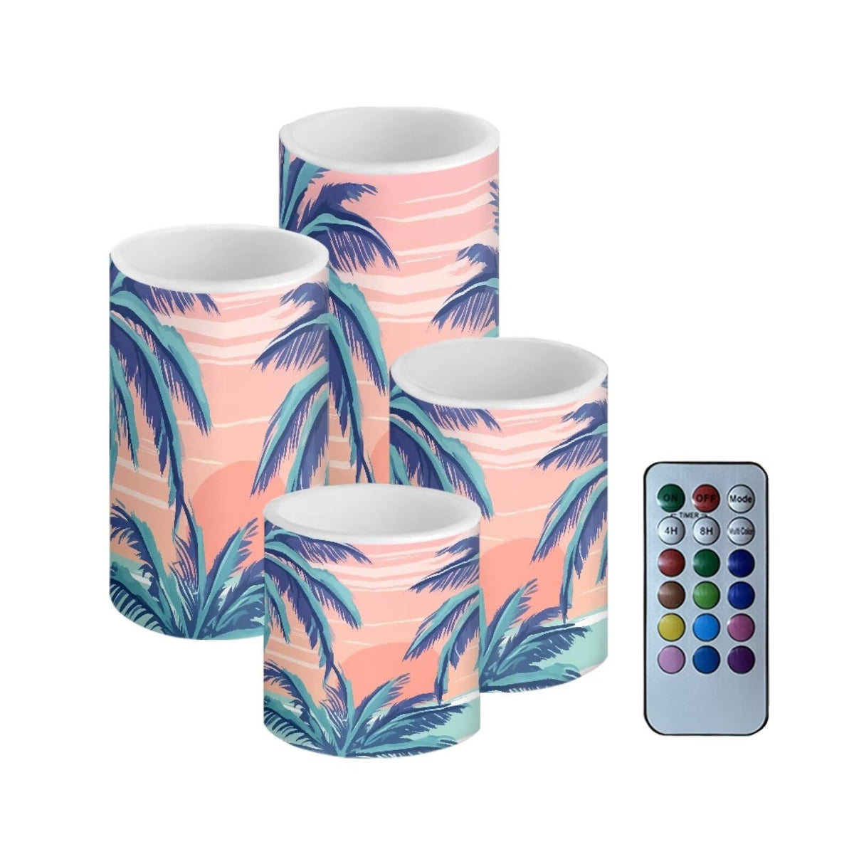 Merkmak 4Pcs Coastal Flameless Candles with Remote and Timers Tropical Coconut Tree Flickering Battery Operated Candles Waterproof Pink Flameless LED Pillar Lights for Hotel, Restaurant