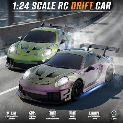 RC Drift Car 1:24 4WD Remote Control Cars Vehicle with LED Light2.4GHz 20KM/H High Speed RC Cars with Two Batteries &amp Drifting Tires Racing Sport Toy for Adults Boys Girls Kids