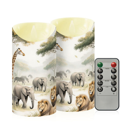 Gravopti Safari Animals 2 Pack Flameless LED Pillar Candles with Remote & Timer, Battery Operated, Flickering Wax Candle for Wedding, Romantic Home & Party Decor