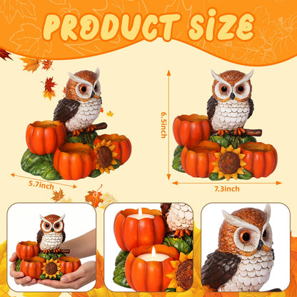 Fall Owl Candle Holder with 3 Pumpkin Tealight Holders & Sunflower, Rustic Owl Statue Thanksgiving Table Centerpieces Autumn Decorative Candle Holders for Home, Farmhouse