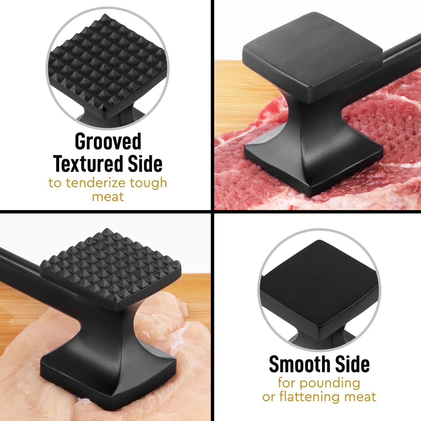 Zulay 10" Meat Tenderizer Hammer – Heavy-Duty Dual-Sided Mallet with Non-Slip Grip – Metal Meat Pounder for Tenderizing Beef, Chicken, Pork & More – Kitchen Tool for Cooking & BBQ - Black