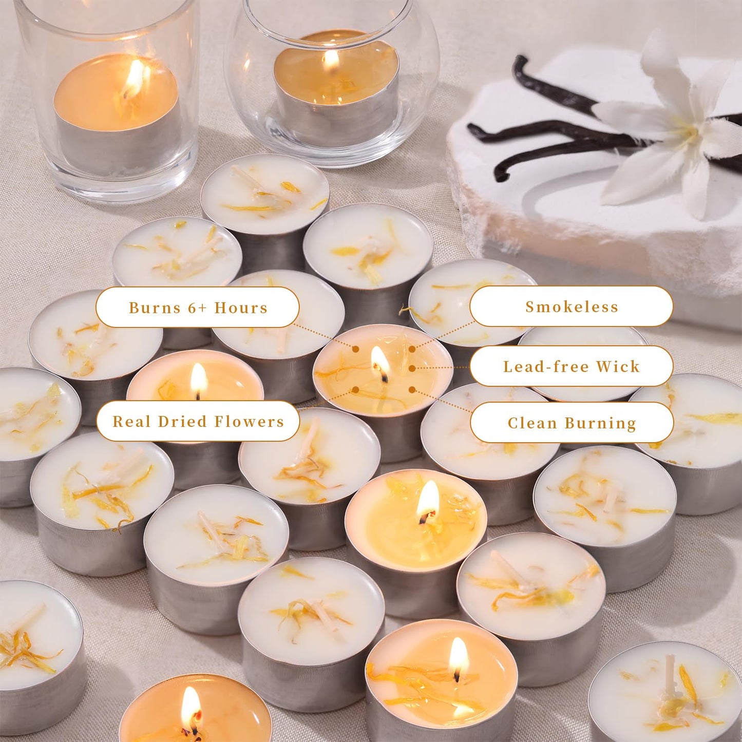 16 Pcs Vanilla Scented Tealight Candles, 6H Long Burning - 100% Palm Wax Based Scented Tea Lights with Dried Flowers, Non-Toxic/Smokeless Tea Lights Candles Bulk for Spa, Bath, Wedding