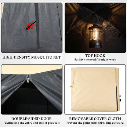 Maasechs Portable Paint Booth Tent 10.8 x 10.8 x 7.9 FT Extra Large Spray Paint Tent with Removable Walls Mesh Screen Floor Protection Plastic Film for DIY Furniture Hobby Tool Spray Shelter Painting