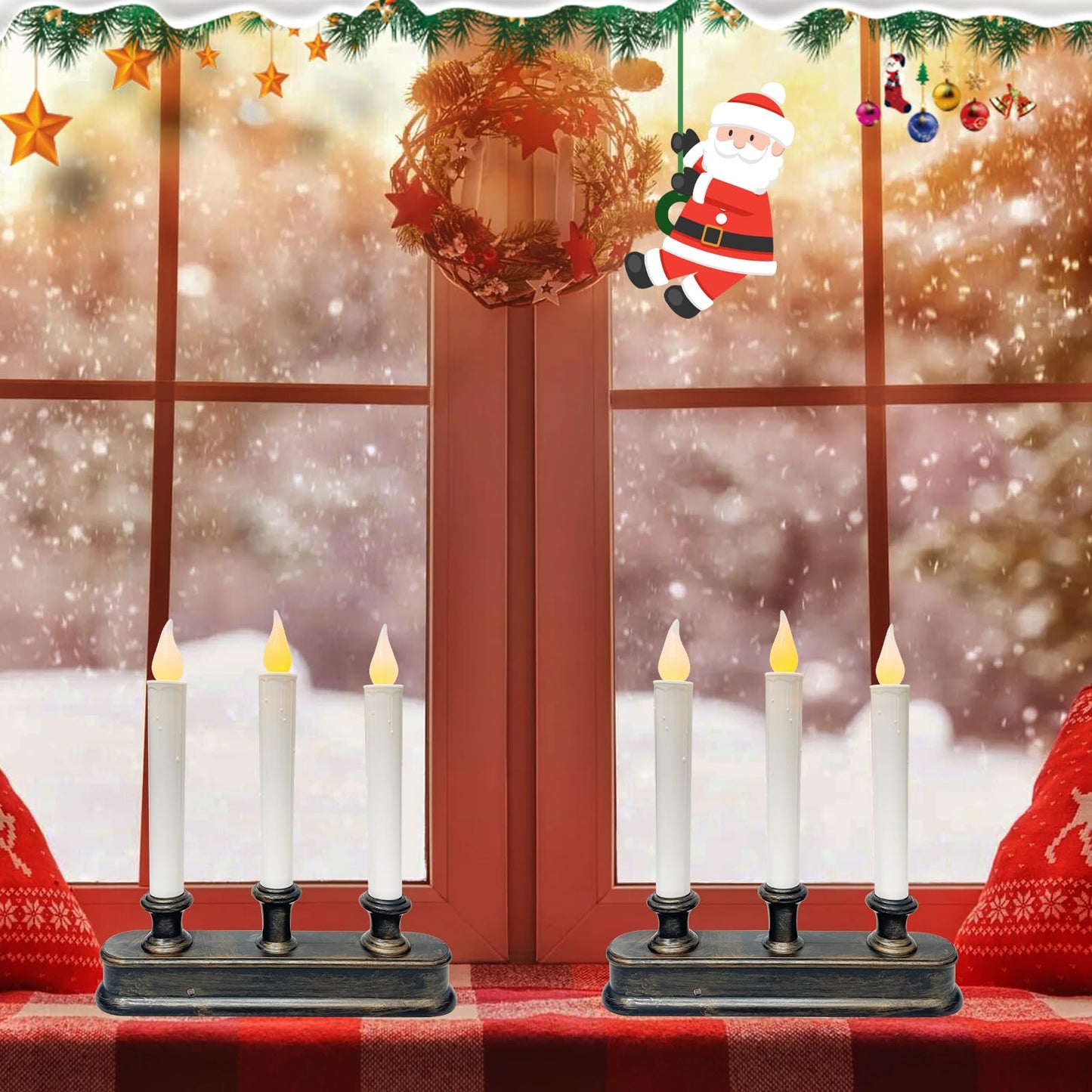 GOOTHY Battery-Operated LED Window Candles with Sensor Dusk to Dawn, 3 Lights Christmas Window Candles with Flickering Flameless LED Lights, 9'' Flameless Taper Candle for Table Home Christmas Decor