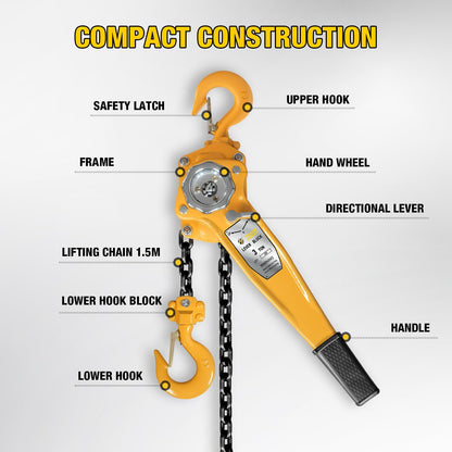 YELLOW JACKET 3 Ton Manual Lever Chain Hoist, 10 FT Come Along, G80 Galvanized Carbon Steel with Weston Double-Pawl Brake, Chain Come Along and Safety Measures for Chain Fall