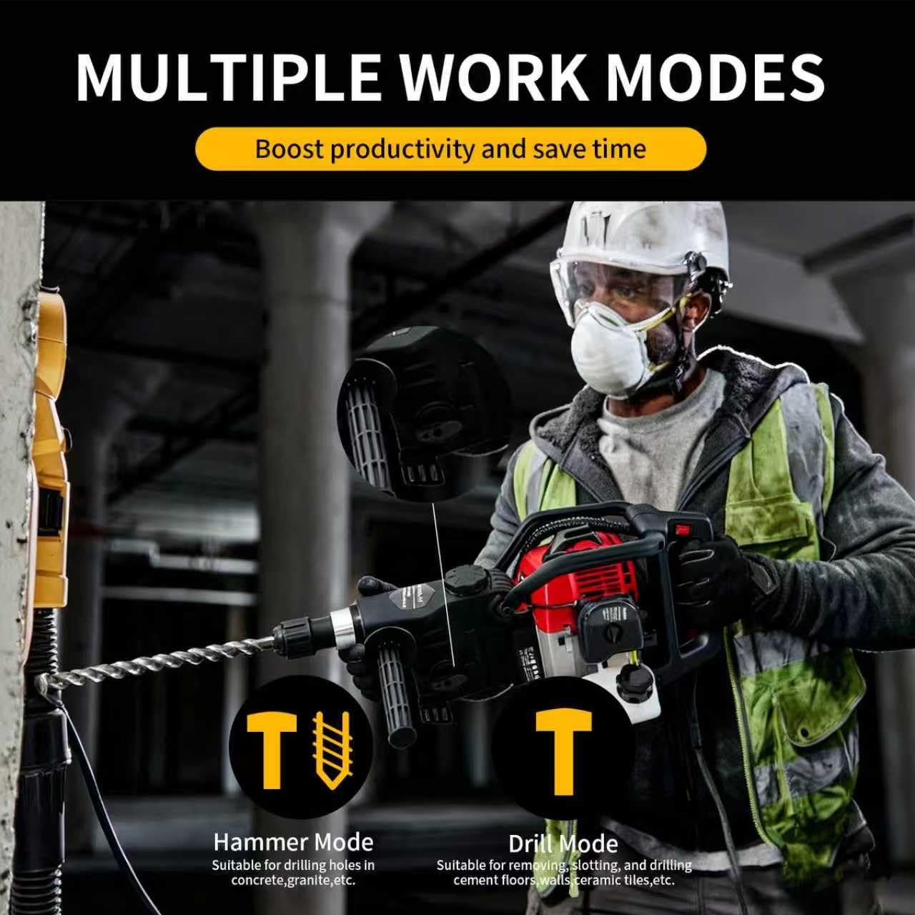 HANBENYTEX 32.6CC 2 Stroke Gas Powered Demolition Jack Hammer,3-in-1 Gasoline Hammer Drilling Machine Breaker Punch Drill Chisels Heavy Duty Gasoline Concrete Breaker Rock Drill for Crushing,Chiseling