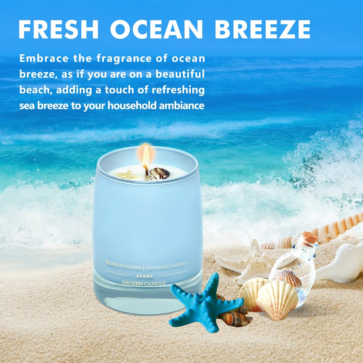 AROZEN Ocean Scented Candles Gift for Women-10oz Aromatherapy Sea Beach Soy Candles for Home Scented with Healing Crystal inside-55H Burn Gifts for Valentine's Day, Birthday, Women, Mother's Day