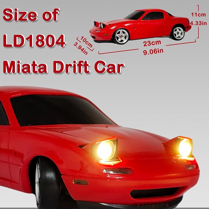 Skymaker LDRC Mazda MX5 Miata RC Drift Car 1/18 2.4GHz Drifting with Gyro Pop-up Lights RWD Drift Car for Adult Gift (Red with 2 Batteries)