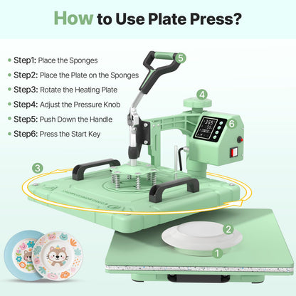 Slendor Heat Press 15x15 Inch 5 in 1 Heat Press Machine 360-Degree Swing Away Digital T Shirt Pressing Machine Multifunction Heat Transfer Sublimation Combo for T Shirts Mugs Hat Plate Cap,Green