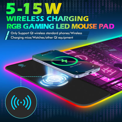 ToLuLu RGB Gaming Wireless Charging Mouse Pad, 5/7.5/10/15W 10 Light Modes LED Mouse Pad Computer Keyboard Mat Mousepad, 800x300x4MM Extended Large Desk Mat for Gaming, MacBook, Laptop, PC, Galaxy