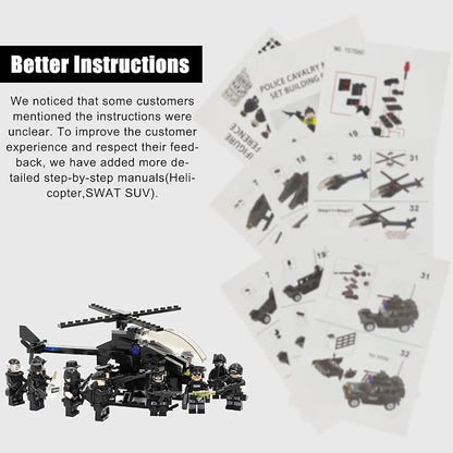 SWAT Set with 12 SWAT Officers 2 Mounted Police with Horse – 1 Helicopter 1 Armored SWAT SUV Vehicleand 2 MotorcycleSafe &amp Durable ABS – Great Gift for Kids Boys and Collectors