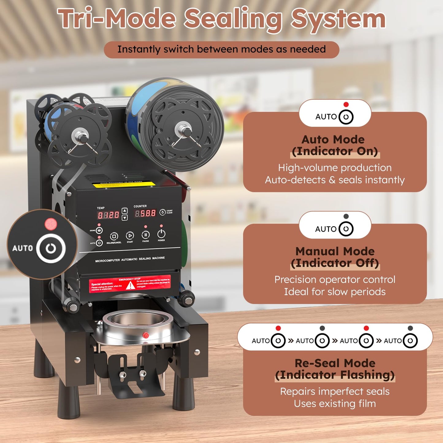 BriSunshine Cup Sealing Machine, Full Automatic Cup Sealer, 88/89/90/95 mm Electric Boba Machine, 600 Cups/H, Plastic & Paper Cups for Bubble Boba Tea Coffee Juice (Sealing Film Excluded)
