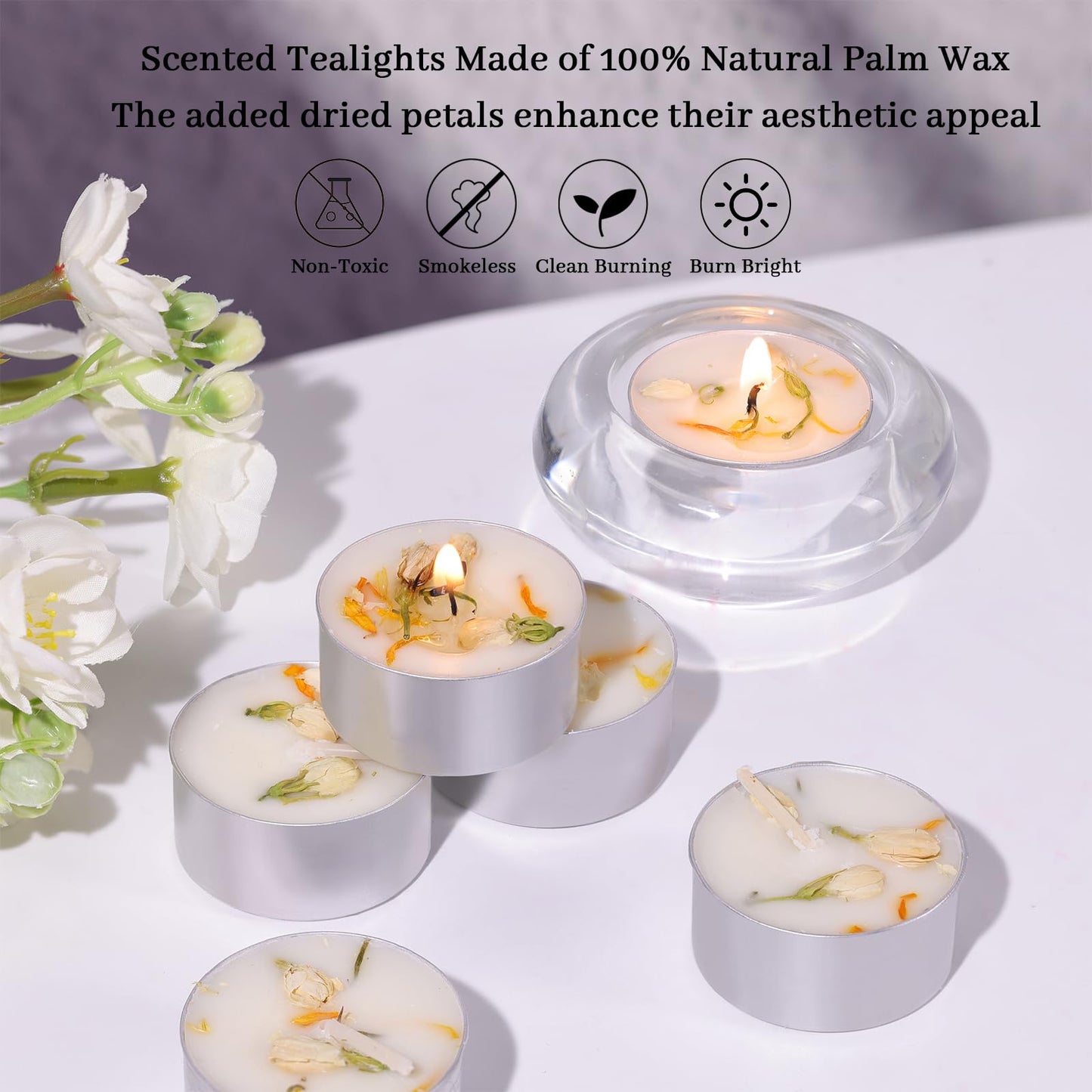 8 Pcs Jasmine Scented Tealight Candles, 6H Long Burning - 100% Palm Wax Based Scented Tea Lights with Dried Flowers, Non-Toxic/Smokeless Tea Lights Candles for Spa, Bath, Wedding