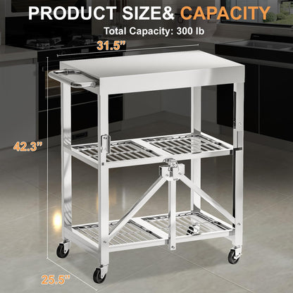 Stainless Steel Foldable Rolling Kitchen Cart with 3-Tier Shelves, 300LB Capacity, Wheels & Foldable Design, Top Worktable for Food Prep, Ideal for Kitchen, Restaurant, Warehouse, Outdoor & Hotel Use