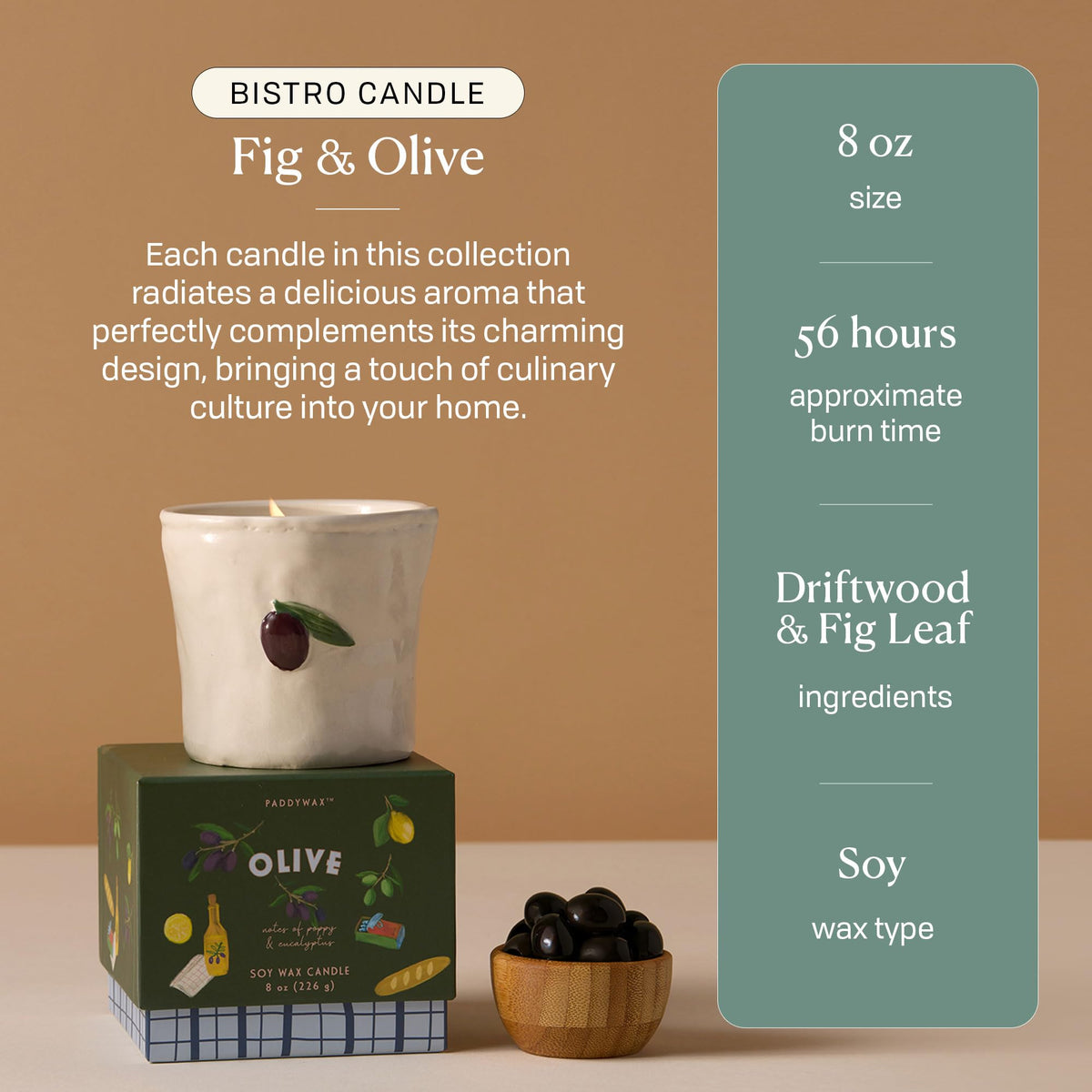 Paddywax Bistro Hand Painted Scented Candle in Ceramic Reusable Food-Safe Jar with Gift Box, Soy Candle with Approx. 56 Hour Burn Time, Fig & Olive, 8 oz