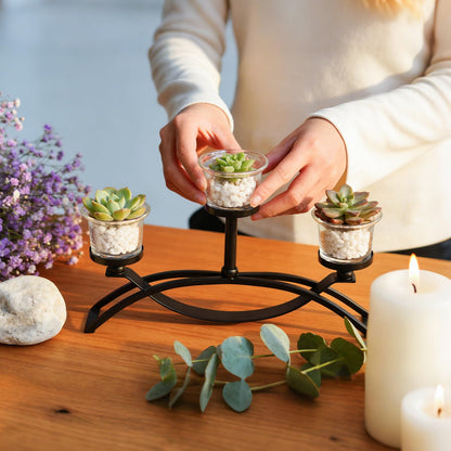 3-Arm Metal Tea Light Candle Holder Set with 5 Glass Cups, Votive Candle Holders Centerpiece Candelabra for Wedding Table Decor, Home Gatherings and Holidays (Black, 3 Cups-2 Pcs)