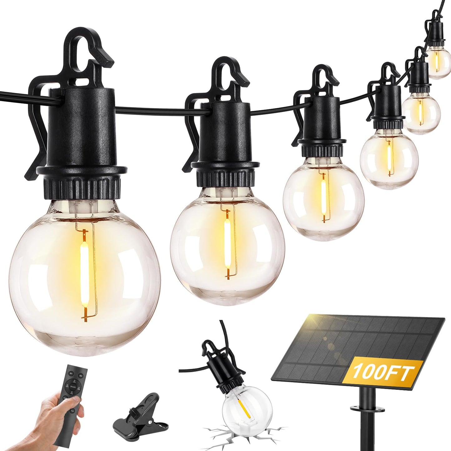 100FT Solar Lights Outdoor String Lights Waterproof G40 Patio lights Solar Powered with Remote USB Port 30+2 LED Shatterproof Bulbs 3 Light Modes, Dimmable Solar Lights for Camping for Porch Backyard