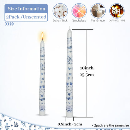 Blue and White Porcelain Candles - Mixed Flowers and Plants Taper Candlesticks 10Inch Handmade Candle Sticks for Home Wedding Party Decor Gifts Set of 2
