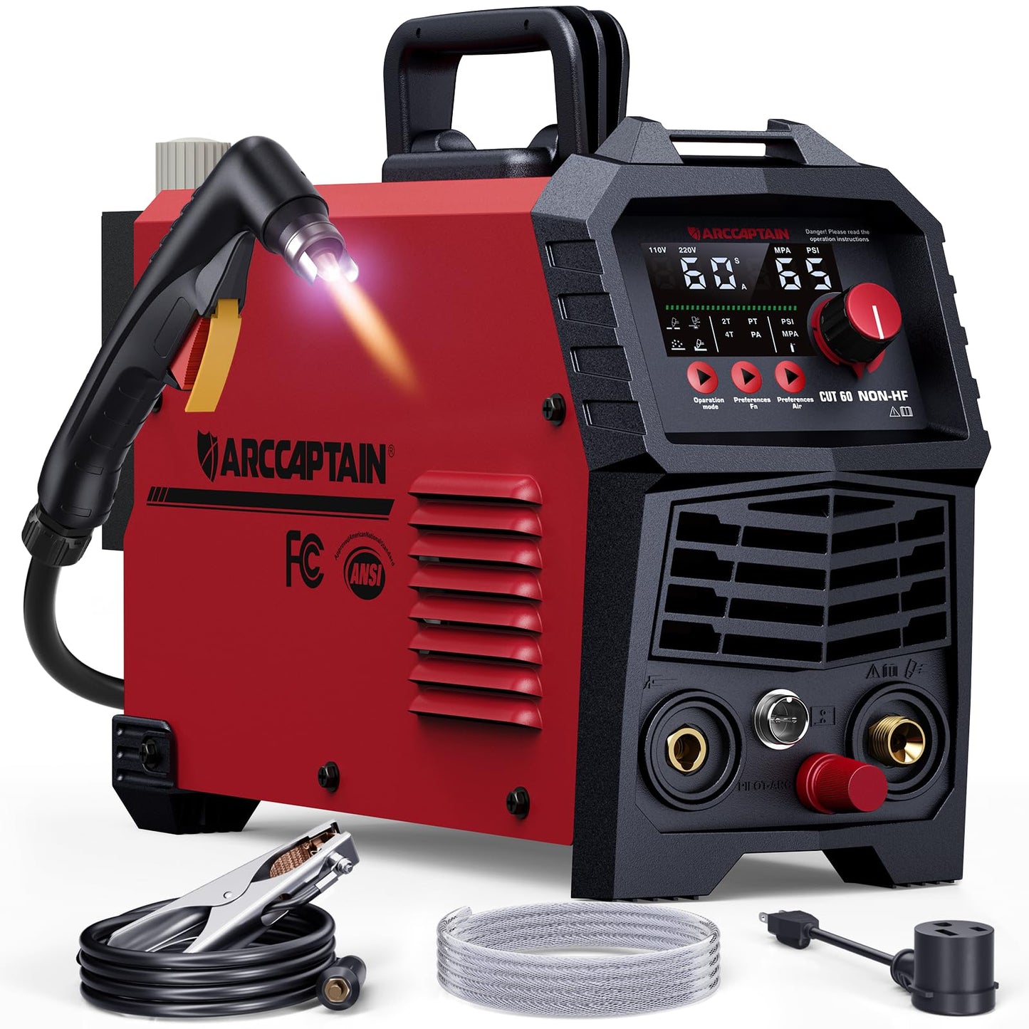 ARCCAPTAIN 60Amp [Non-HF] Plasma Cutter, Blow Back Pilot Arc Plasma Cutting Machine, 110V/220V, Upgraded Large LED Display, Plate Cutting, Expanded Metal, Rust Removal, Gouging, Air Pressure Detection