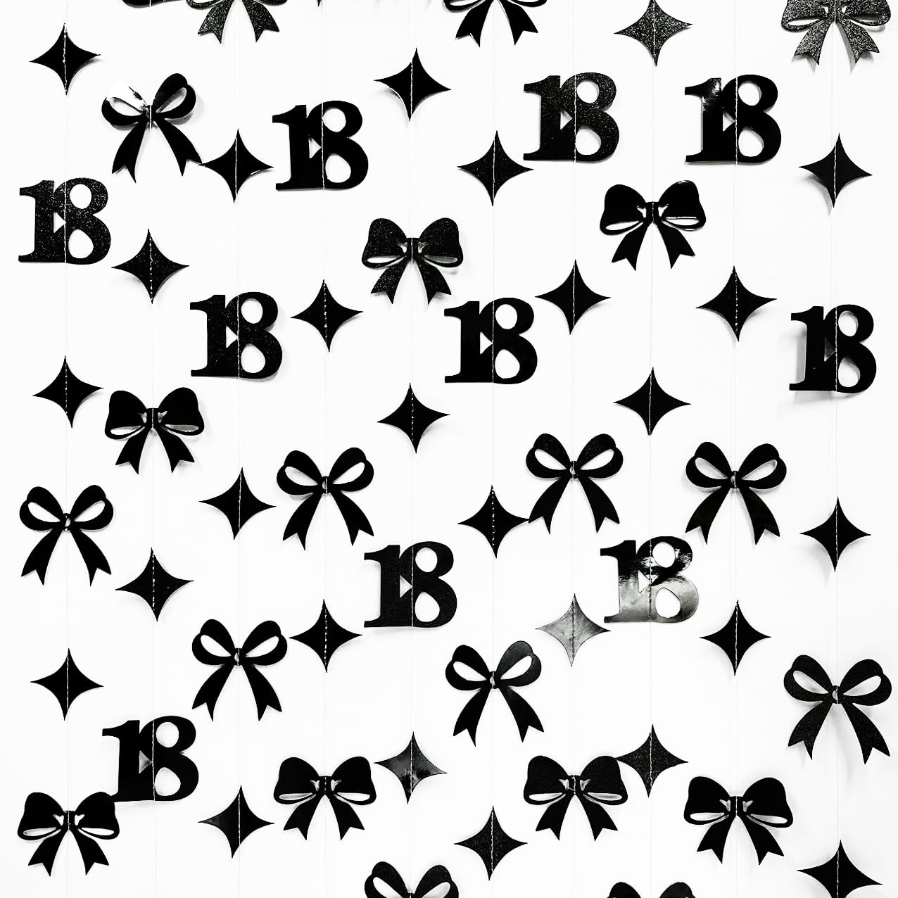 Black 18th Bow Birthday Decorations Glitter Conquette Bow Garland Streamer Banner Backdrop for Girls Boys Happy 18th Birthday Time to Adult Cheers to 18 Years Old Anniversary Party Supplies
