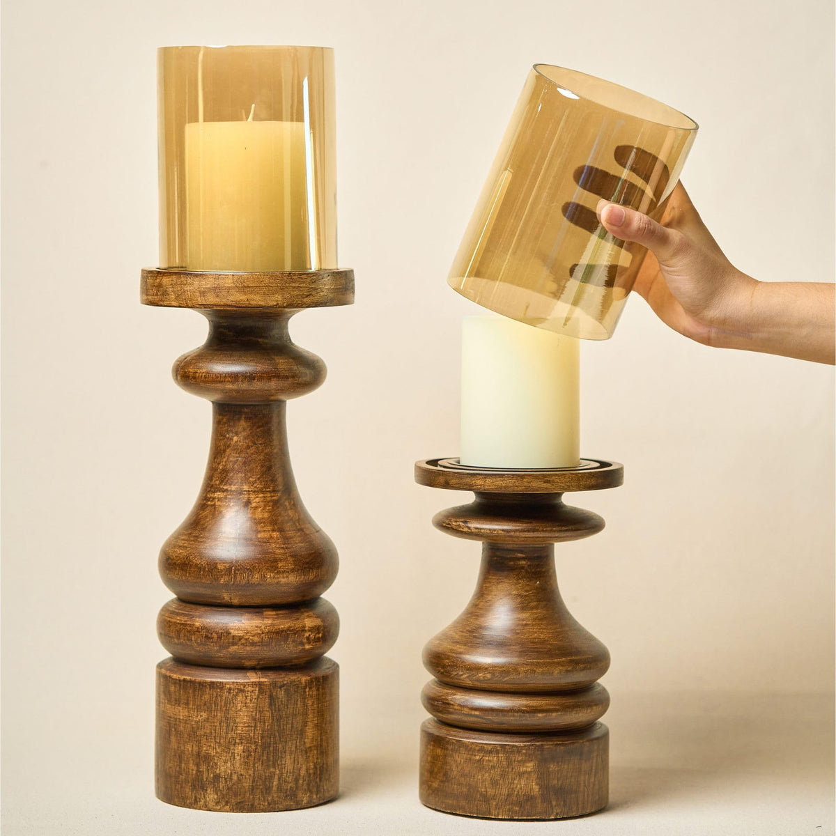 Dreamy Walls Wood Candle Holders Set of 2 Farmhouse Boho Pillar Candle Stands with Glass Covers Handmade Wooden Table Centerpiece Decor (Gift Box - with 2 Candles)