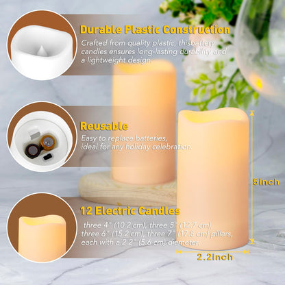 Metaku Flameless Flickering Candles Battery Operated LED Candles Set of 12 Ivory with Remote & Timer for Halloween, Christmas, Bedroom, Home, Wedding, Birthday Decoration D2.2'' x H4''5''6''7"