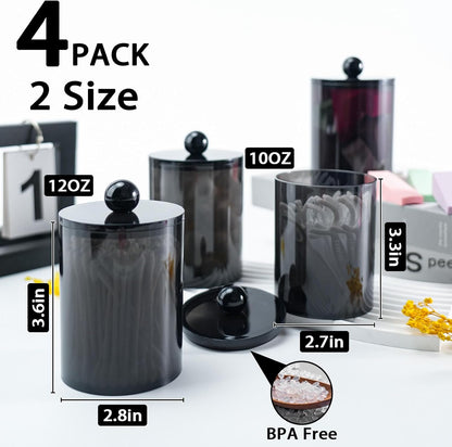 XIPENGKEJI Qtip Holder Set - 4 Pack Apothecary Jars with Lids for Cotton Swabs & Pads | 10oz-12oz Black