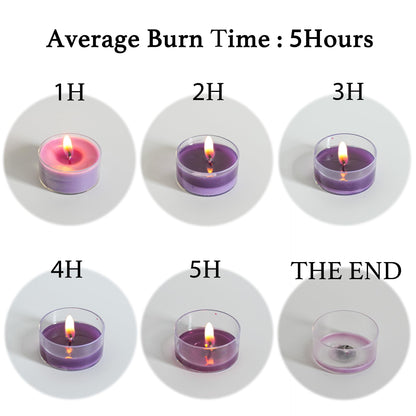 MUUFAZA 12 Unscented Natural Soy Tealight Candles in Clear Cups, 5H Long Clean Burning, Hand-Poured Purple Mini Tea Candle Set for Parties, Spa, Meditation, Gift, Holiday, Emergency, Home Decor