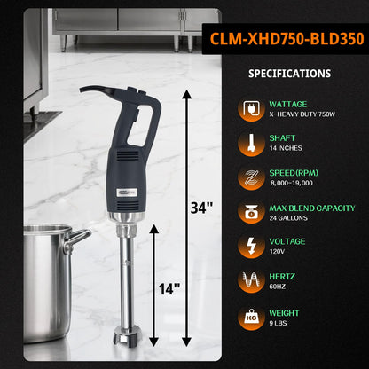 COOLUMA Immersion Blender Commercial, 14 Inch Removable Shaft, Heavy Durt 750 Watt, Variable Speed Motor, Professional Restaurant Grade Hand Mixer, Food-Grade Detachable 304 Blade & Shaft