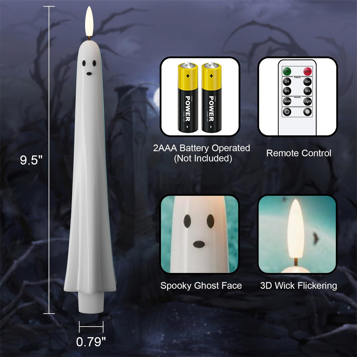 DRomance Flickering Flameless Taper Candles with Remote and Timer, 2 Pack Battery Operated LED Taper Candles 3D Wick Plastic Dripping Effect Dinner Wedding Holiday Decor(White, 0.78" D x 9.65" H)