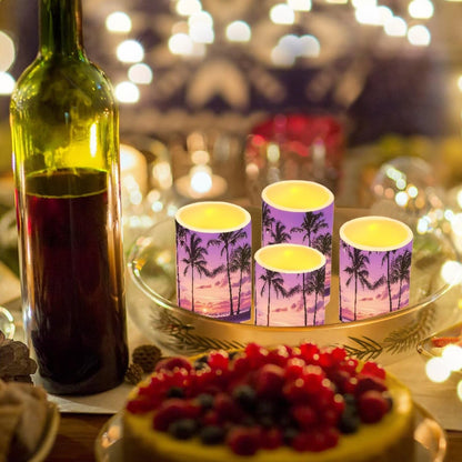 NETILGEN Tropical Palm Trees Purple Sunset LED Flickering Pillar Candles for Home Decor 4 Packs Flameless Candles with Remote and Timer
