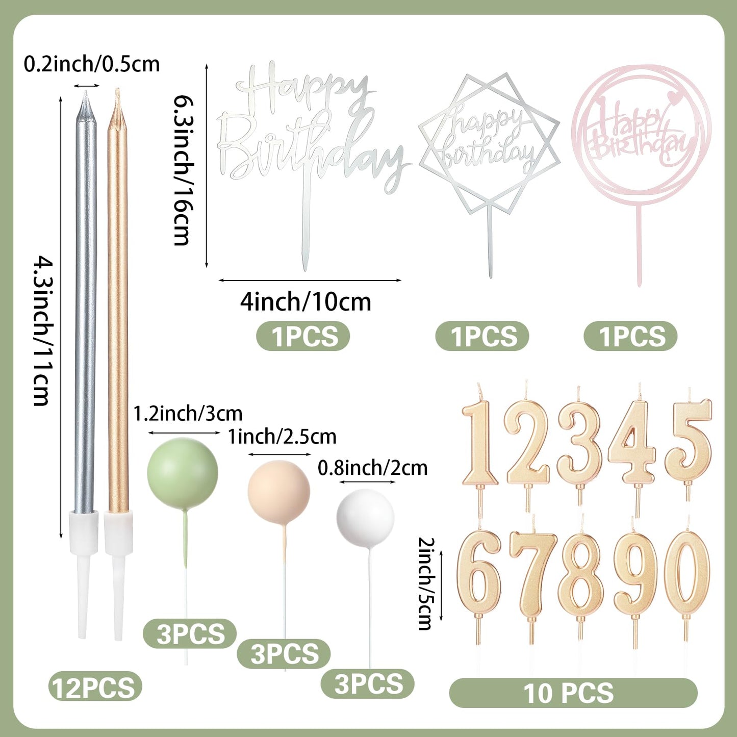 Yerliker 34 Pcs Happy Birthday Cake Toppers Decorations Birthday Candles DIY Cake Decor for Men Women Wedding Anniversary(Sage Green)