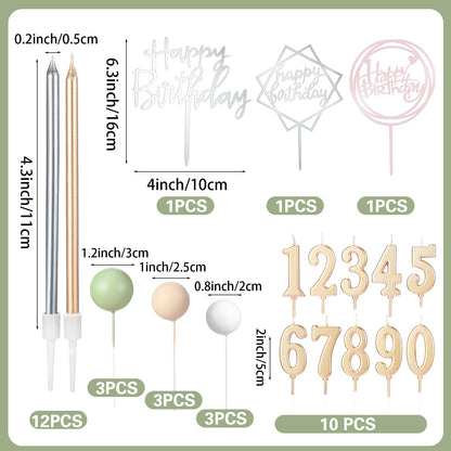 Yerliker 34 Pcs Happy Birthday Cake Toppers Decorations Birthday Candles DIY Cake Decor for Men Women Wedding Anniversary(Sage Green)