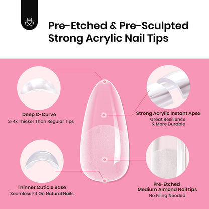 Beetles Tipex Gel Nail Kit, Medium Almond Nail Tips 224 Pcs 16 Sizes Pre-Building Pre-Etched Thick Acrylic Tips with Tipex Glue, Mini Lamp