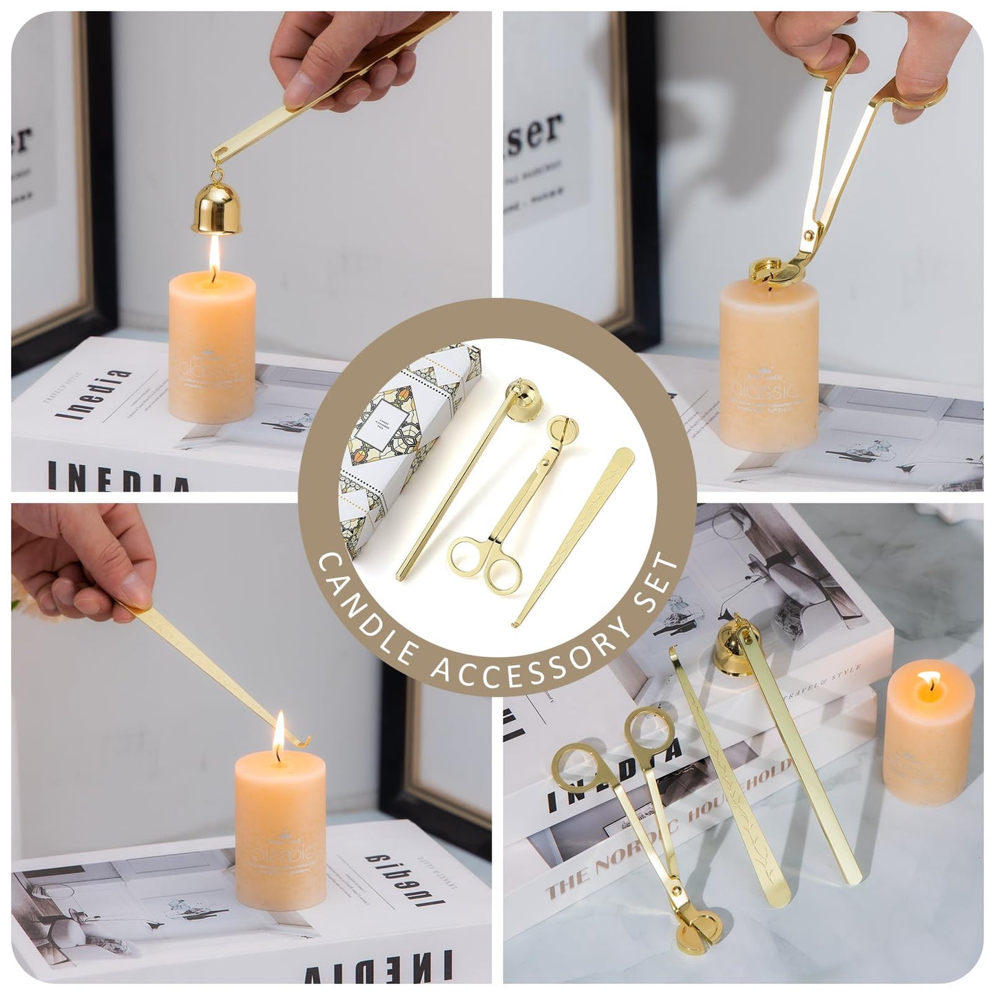 Gold Taper Candle Holders, Candlestick Holders, Candle Holders with 3 in 1 Candle Accessory Set, Metal Candle Stand for Mantle Table Centerpiece, Weddings, Dining, Housewarming(Set of 6)
