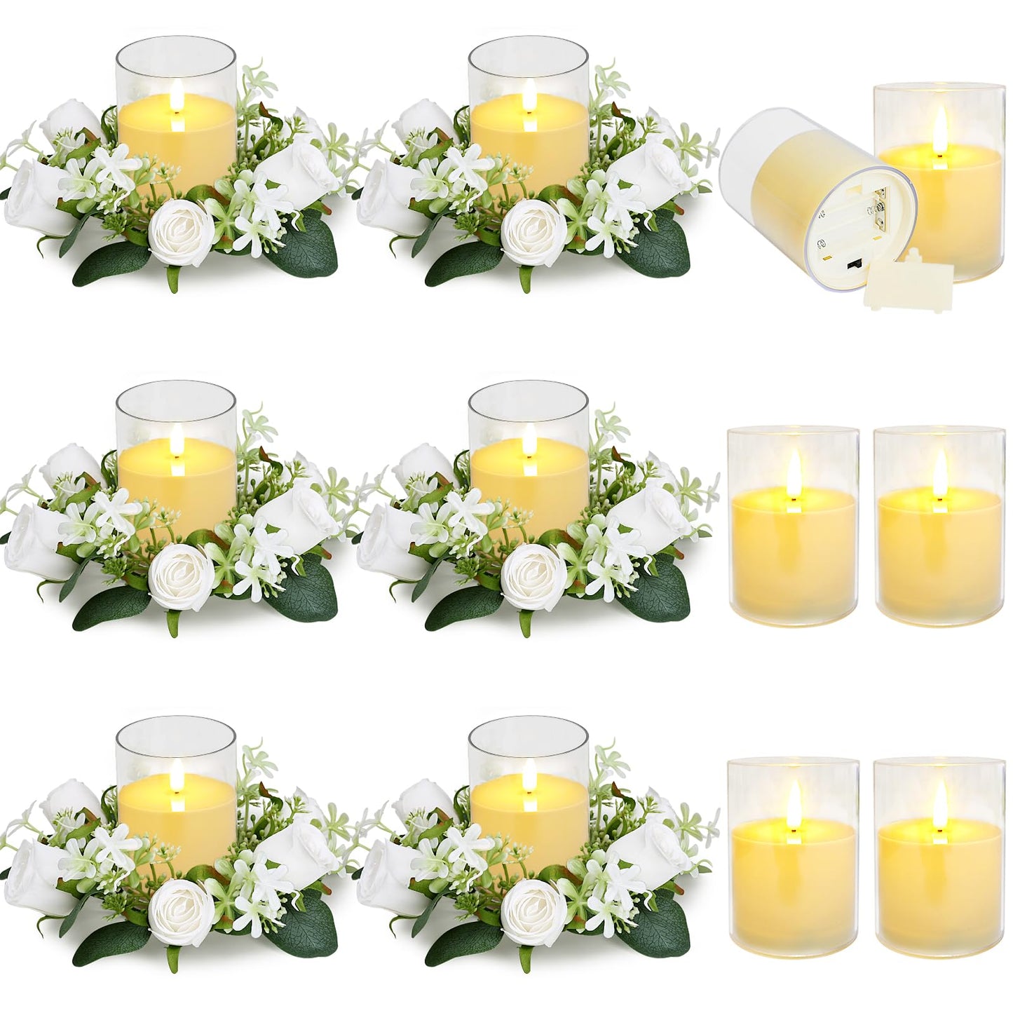 Tobilu 12 PCS Artificial Roses Rings - 3 Inch Roses Flower Wreaths with LED Candles Eucalyptus Pillar Holder Wreath for Wedding Table Centerpiece Home Decorations, White, 6 Sets