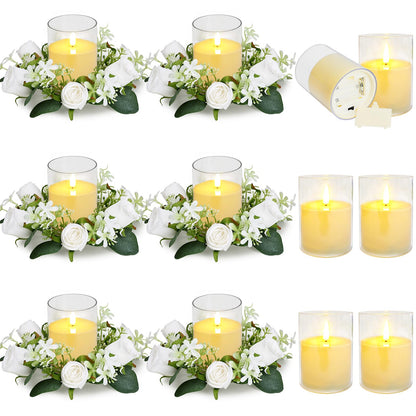 Tobilu 12 PCS Artificial Roses Rings - 3 Inch Roses Flower Wreaths with LED Candles Eucalyptus Pillar Holder Wreath for Wedding Table Centerpiece Home Decorations, White, 6 Sets