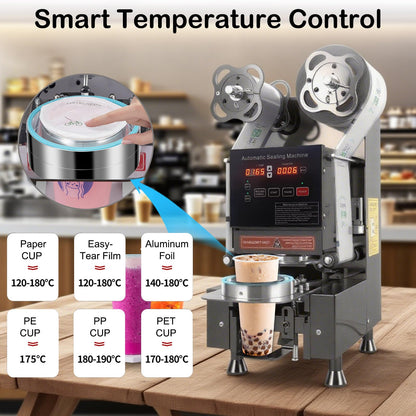 Cup Sealing Machine, Full Automatic Cup Sealer Machine 90/95mm Electric boba Cup Sealing Machine 500-650 Cups/H Digital Control LCD Panel Suitable for Bubble tea, Coffee, Drinks, Desserts (Black)