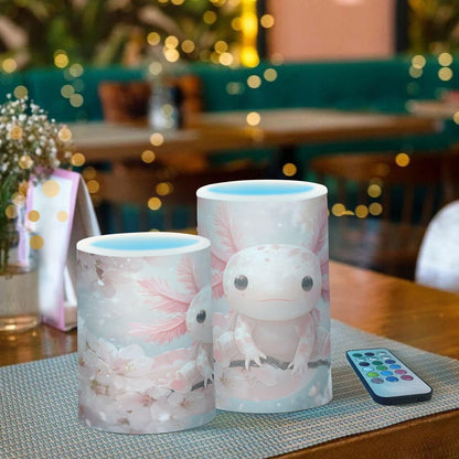 Flameless Candles with Remote Timer,Pink Axolotl Cherry Blossom Battery Operated Candles Set of 2 LED Tea Lights Flickering Pillar Votive Candles for Indoor Outdoor Decor