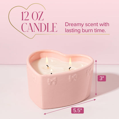Paris Hilton Pink Spritz Scented Candle, Pink Heart-Shaped Ceramic Vessel with Embossed Bow Detail, Premium Plant Wax Blend, 3-Wicks, 12-Ounce