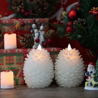 Wondise Pine Cone Flameless Flickering Candles with Remote and Timer, Set of 2 Battery Operated LED Candles Real Wax Christmas Home Decoration Candle(3.5 x 4.7 Inches, White)