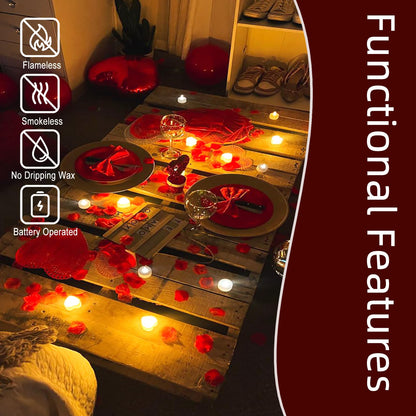 Pyrrhiax 2000PCS Silk Rose Petals with 24 LED Tea Lights Candles, Romantic Night Decoration Set, Romantic Valentine, Wedding Anniversary, Send her and him Memories (Red)