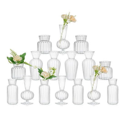 Modern Clear Glass Bud Vase Bulk Set: Glasseam 16Pcs Small Mini Flower Centerpieces Vases Handmade Decorative Cute Short Window Corner Home Decor for Wedding Reception Dining Table Single Rose