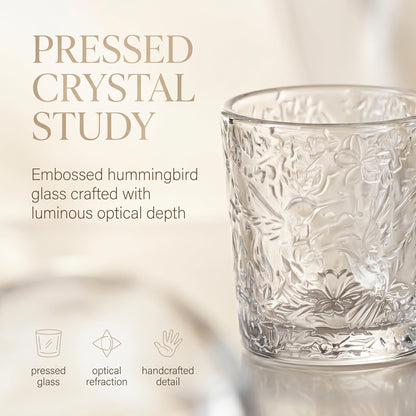 12 Pack Hummingbird Embossed Glass Candle Holders – Votive Tealight Holders with Patent Design, Decorative Embossed Glass Cups for Wedding Centerpieces, Parties, and Home Décor (Crystal Clear)