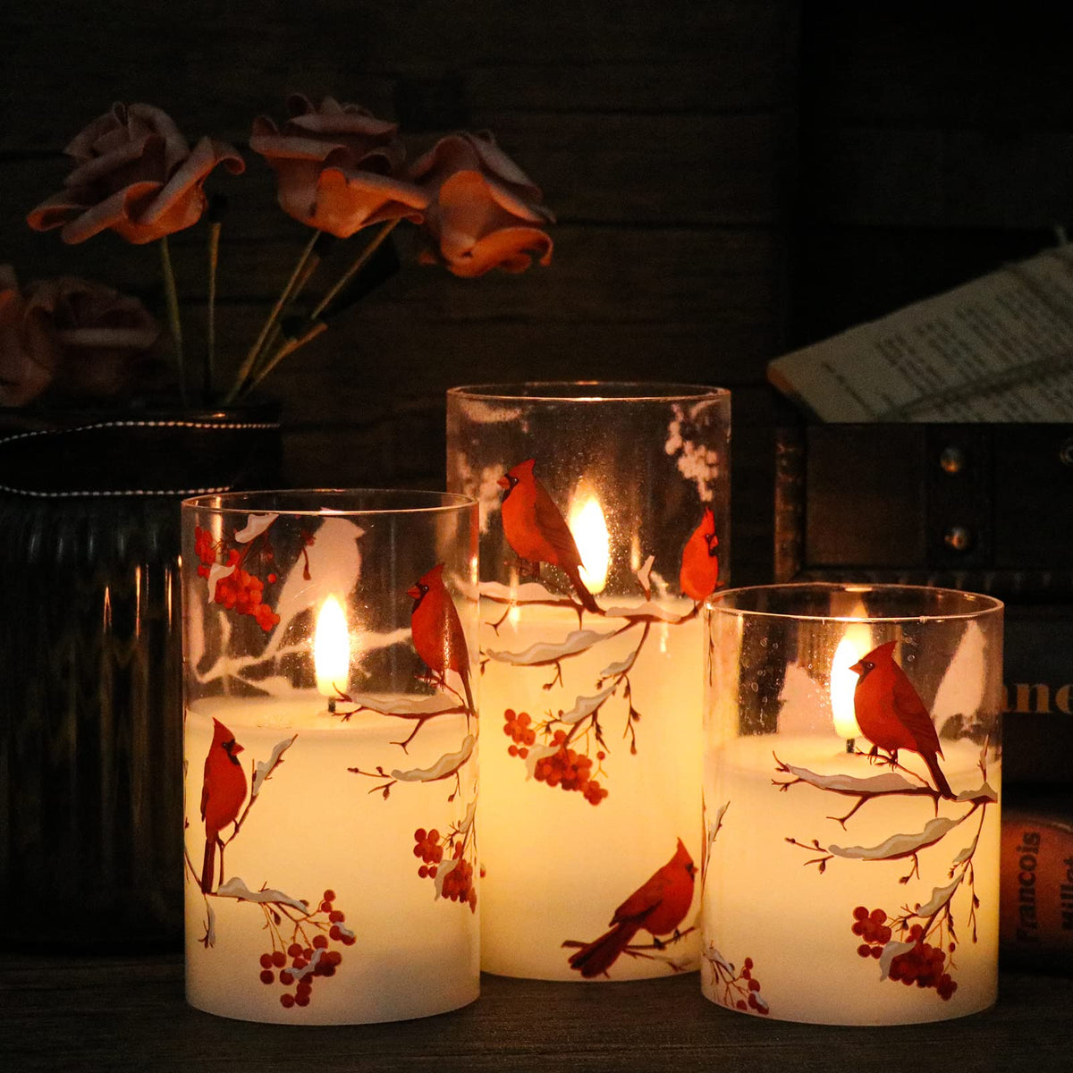 KunSwenn Cardinal Flameless Candles with Remote, Red Bird Glass Battery Operated Candles, Real Wax LED Candles with Flickering Flame, Cardinal Decor Gifts for Women Wedding Home(Pack of 3, 3”x4”5”6”)