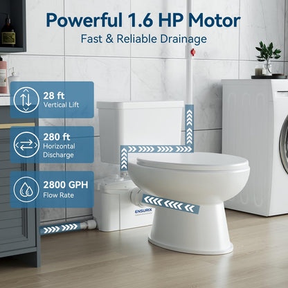 Ensurix 1200W Macerator Pump – 2800GPH, 28FT Vertical Lift Toilet Water Pump with Anti-Backflow, PCB Smart Control, IPX4 Waterproof, Macerator Pump Basement for Toilet, Sink, Bathroom etc.