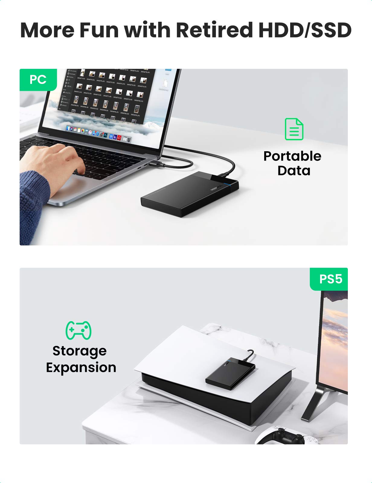 UGREEN 2.5" Hard Drive Enclosure USB C 3.1 Gen 2 to SATA III 6Gbps for SSD HDD 9.5 7mm External Hard Drive Disk Case with UASP Compatible with WD Seagate Toshiba Samsung Hitachi PS4 Xbox Router