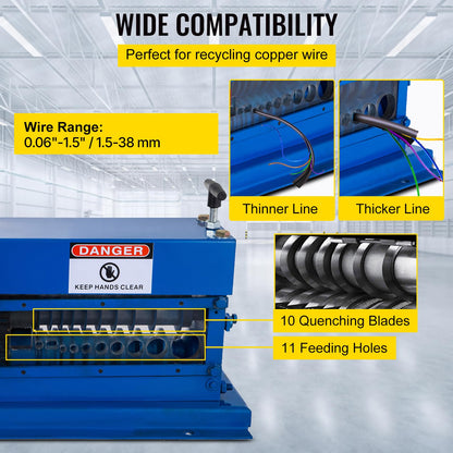 VEVOR Portable Wire Stripper, 0.06-1.5 in, Electric Wire Stripping Machine with 11 Channels, 10 Blades, Wire Stripping Machine, Speeds Up to 75 ft/min, Adjustable Screw, for Efficient Copper Recycling
